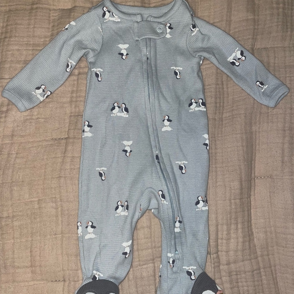 Gray Blue Puffin Print Kids One Piece